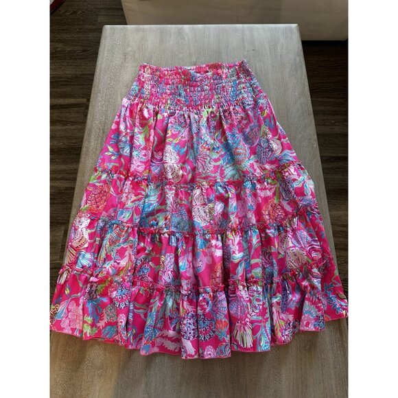 Lilly Pulitzer Deavan Midi Skirt Smocked Tiered Hot Pink Size Small - Picture 1 of 5
